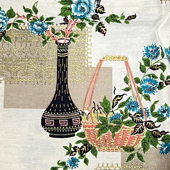 Vintage Mid Century NEW Pair Floral Toile Kitchen Cafe Curtains Scalloped Tabs - Picture 7 of 9